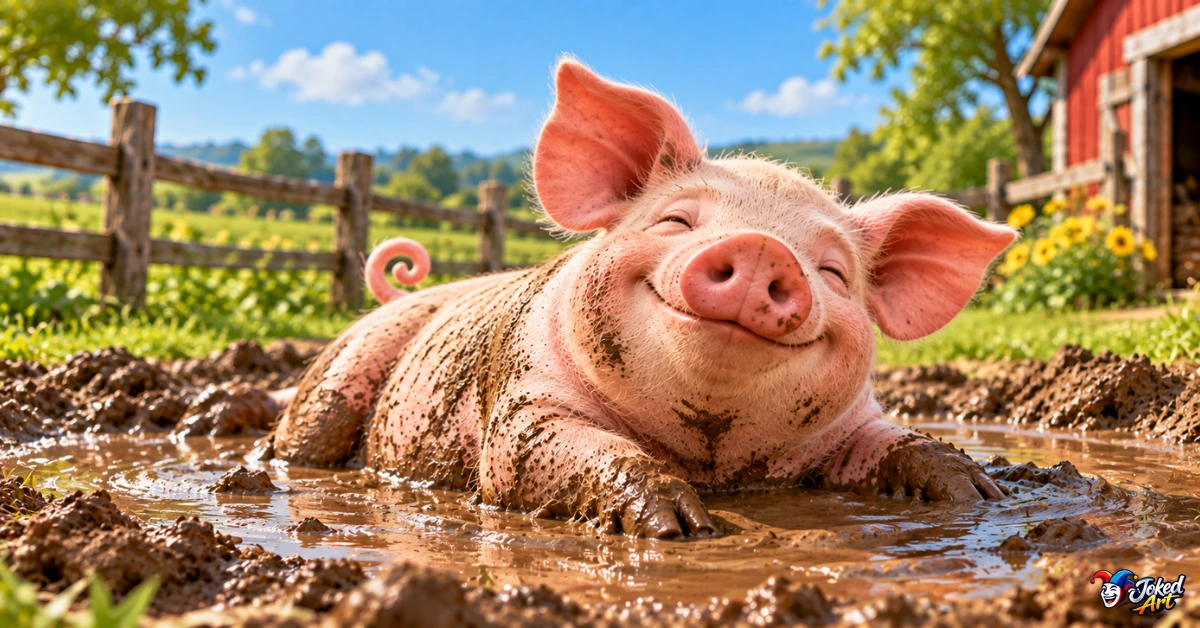 funny-pig-mud-puns.webp Happy pig enjoying a muddy puddle in a farmyard