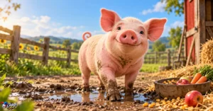 Funny pig surrounded by mud, snacks, and playful barnyard props