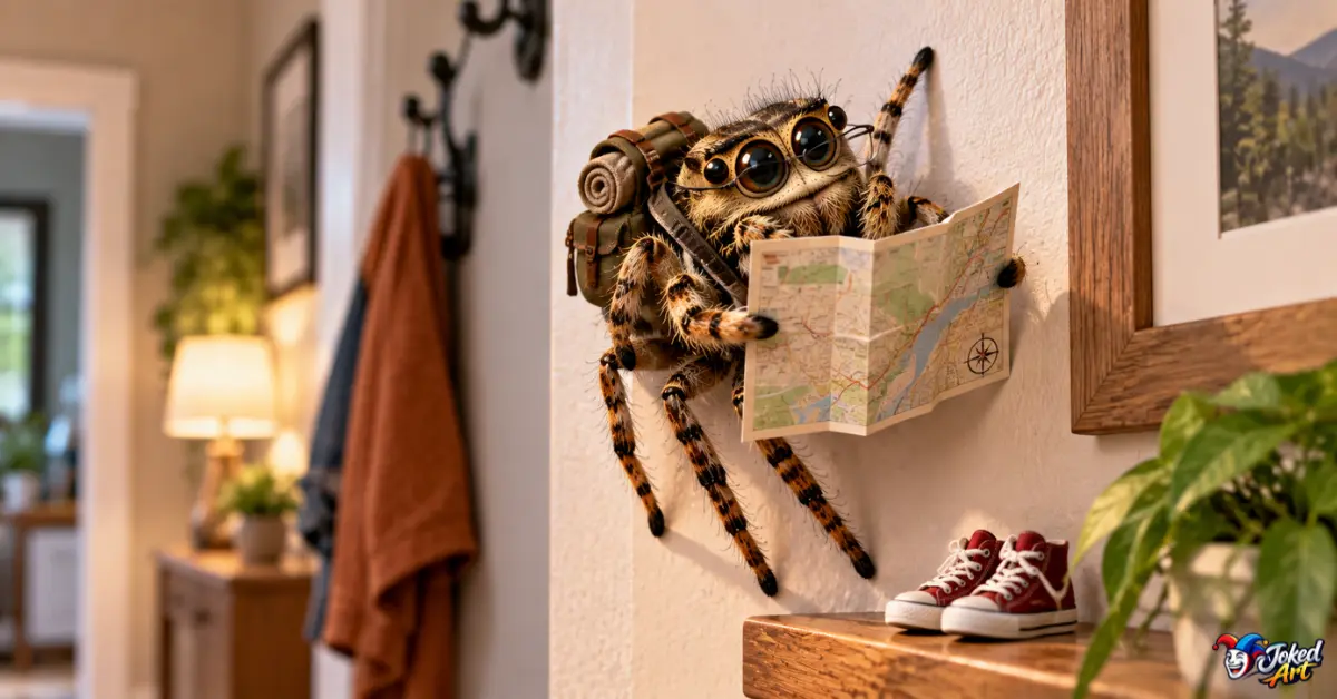 funny-spider-dad-jokes.webp Funny spider wearing tiny glasses and holding a map for spider jokes
