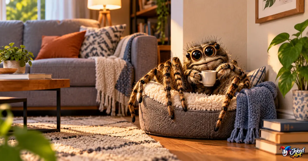 funny-spider-puns-illustration.webp Playful spider sitting in a corner for funny spider puns