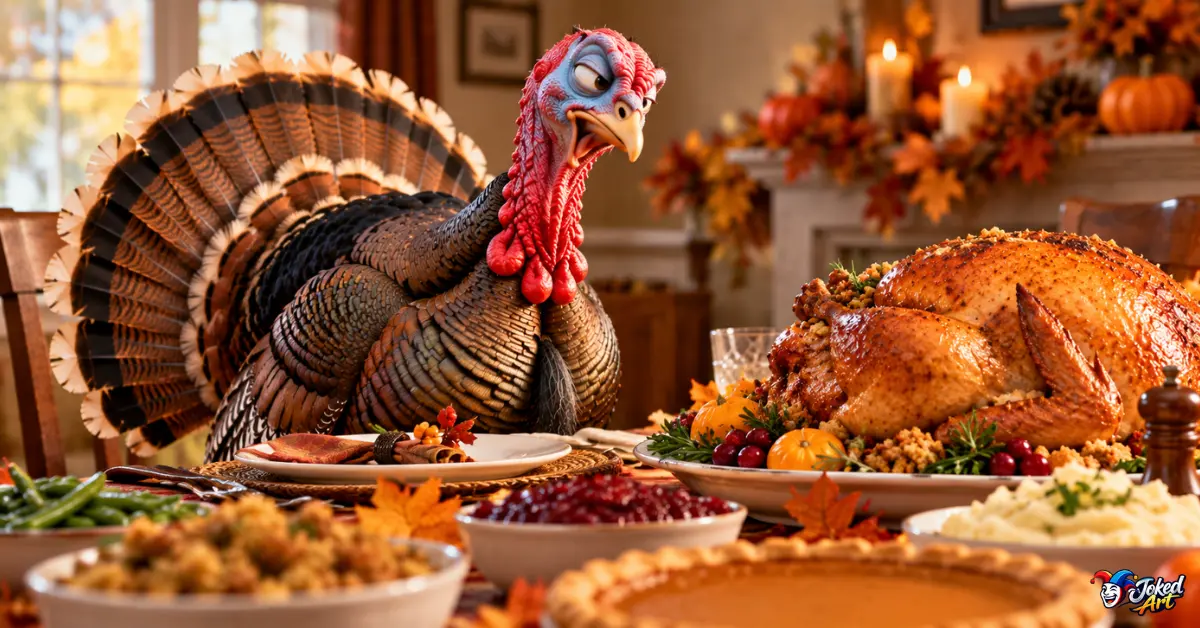 Turkey giving a funny expression beside a Thanksgiving dinner