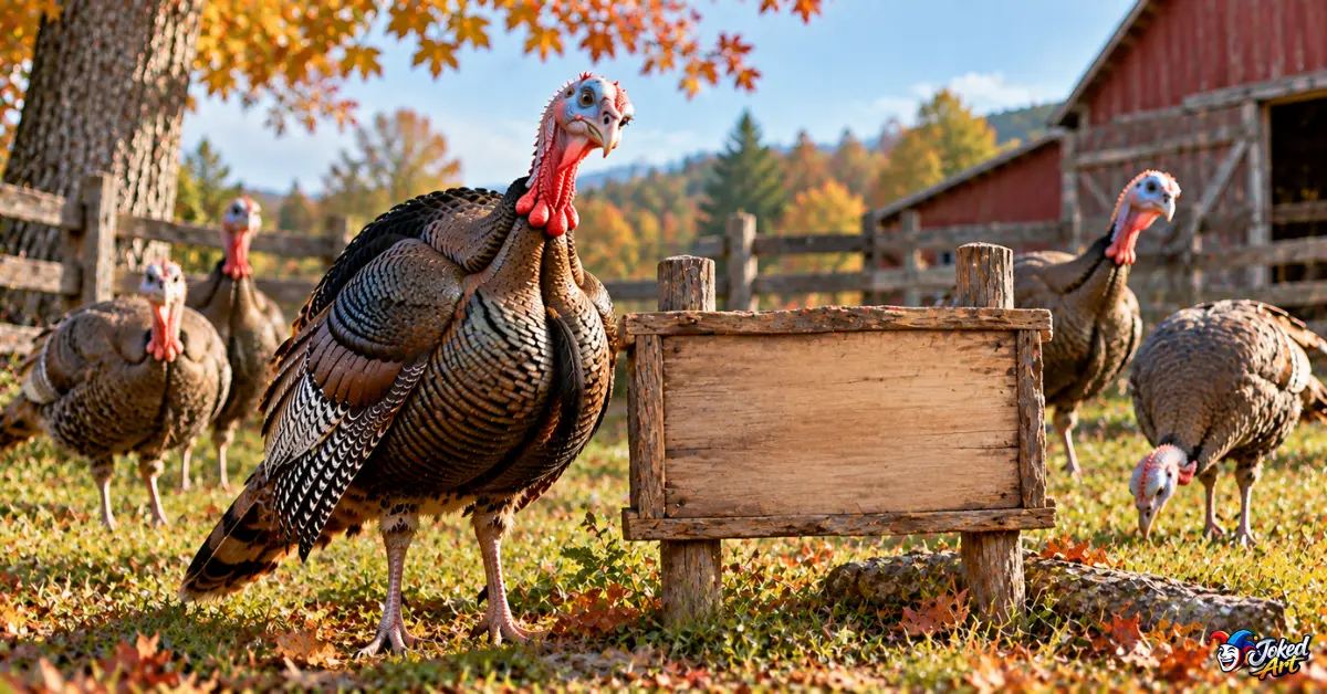Confident turkey standing in a rustic farm setting with other turkeys in the background
