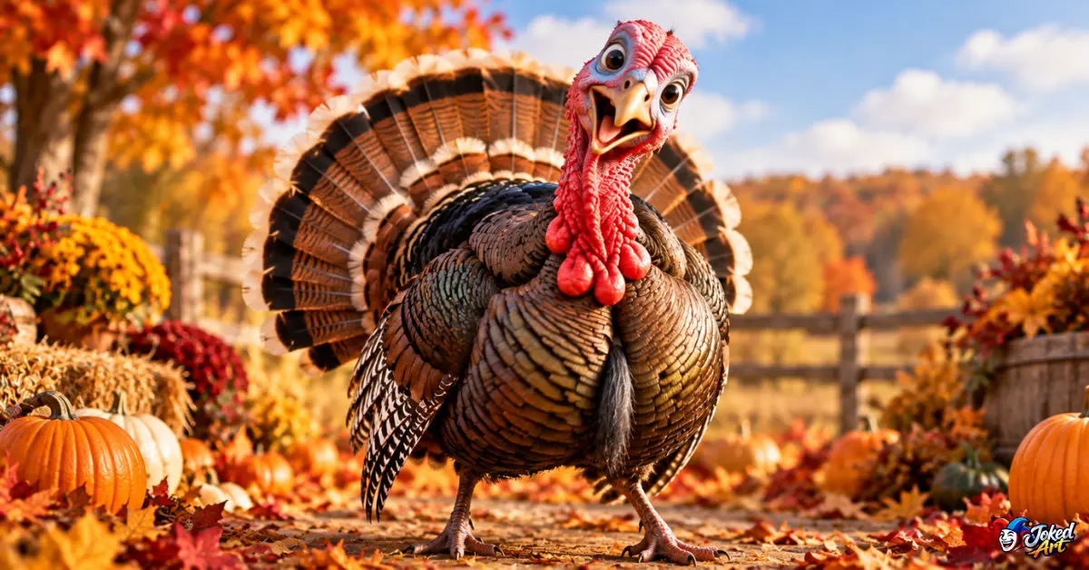 Funny turkey surrounded by Thanksgiving food and autumn decorations