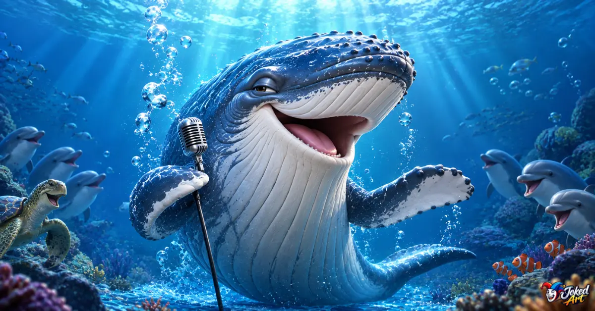 funny-whale-jokes-one-liners.webp Whale making a funny expression while surfacing from the ocean
