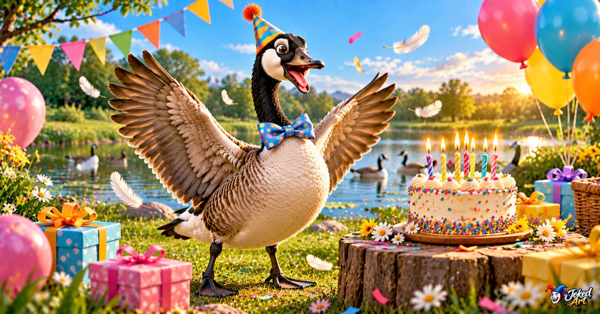 goose-birthday-puns-celebration.webp Happy goose celebrating a birthday with cake and colorful decorations