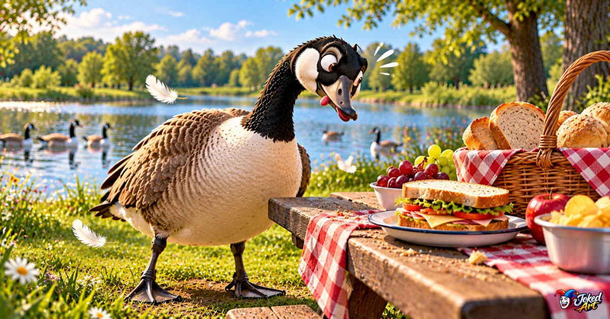 goose-food-puns-bread-humor.webp Goose beside bread and picnic food for funny food-themed goose puns