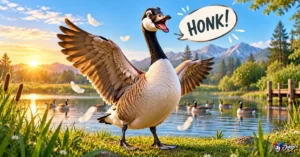 Funny goose surrounded by playful honk and feather-themed pun ideas