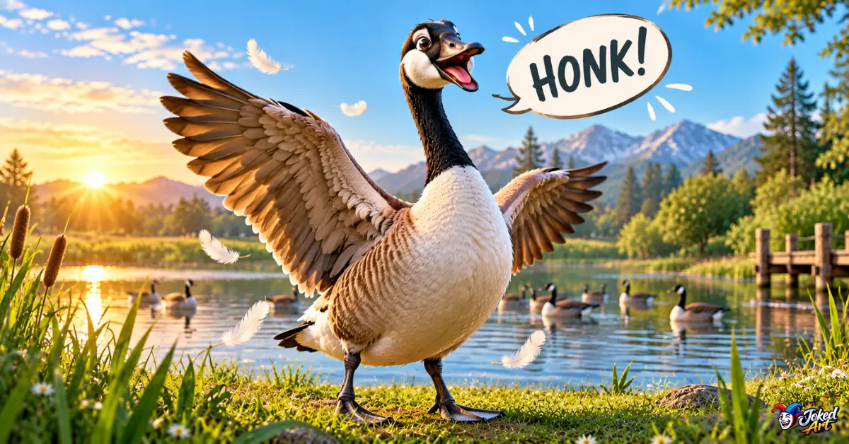 Funny goose surrounded by playful honk and feather-themed pun ideas