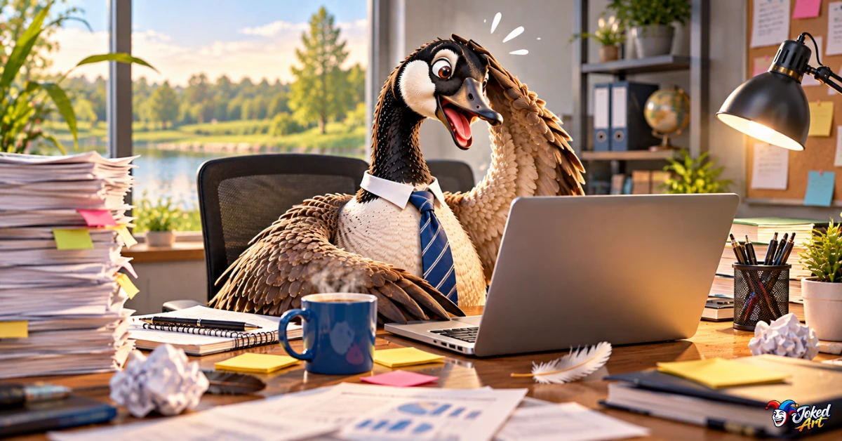 goose-work-puns-office-humor.webp Goose wearing a tie at a desk representing funny workplace goose puns