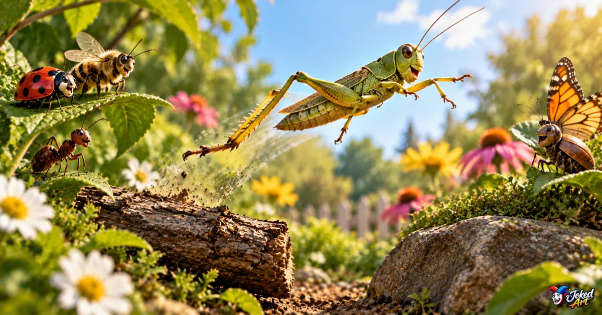 Grasshopper jumping over an obstacle in a garden