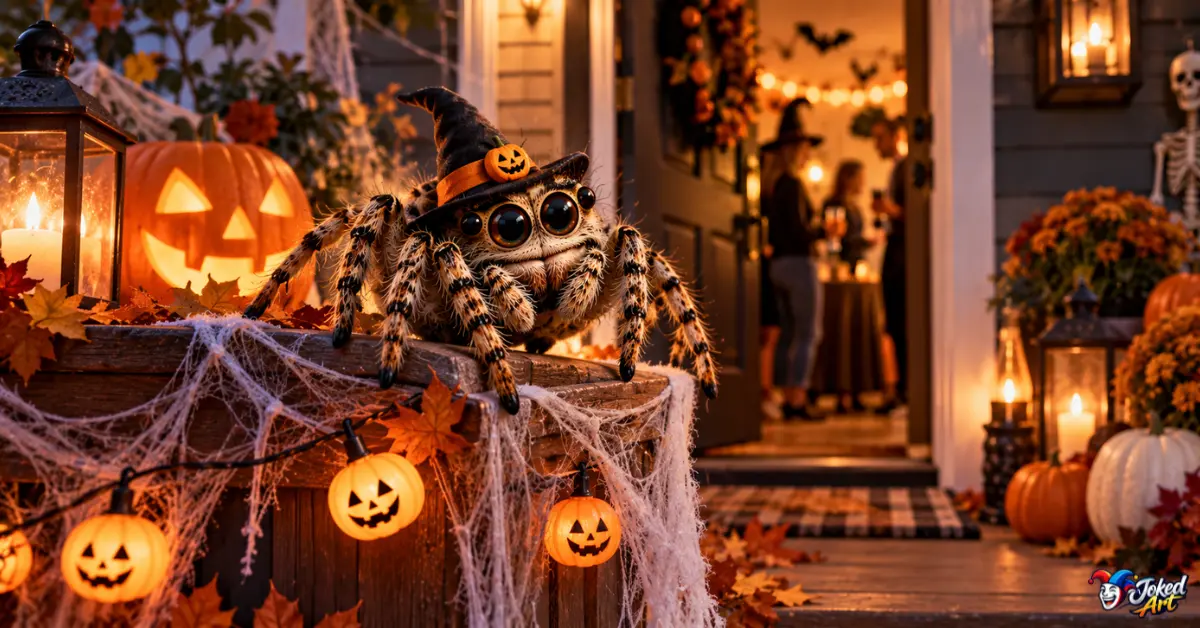 halloween-spider-puns.webp Playful spider on Halloween decorations for Halloween spider puns