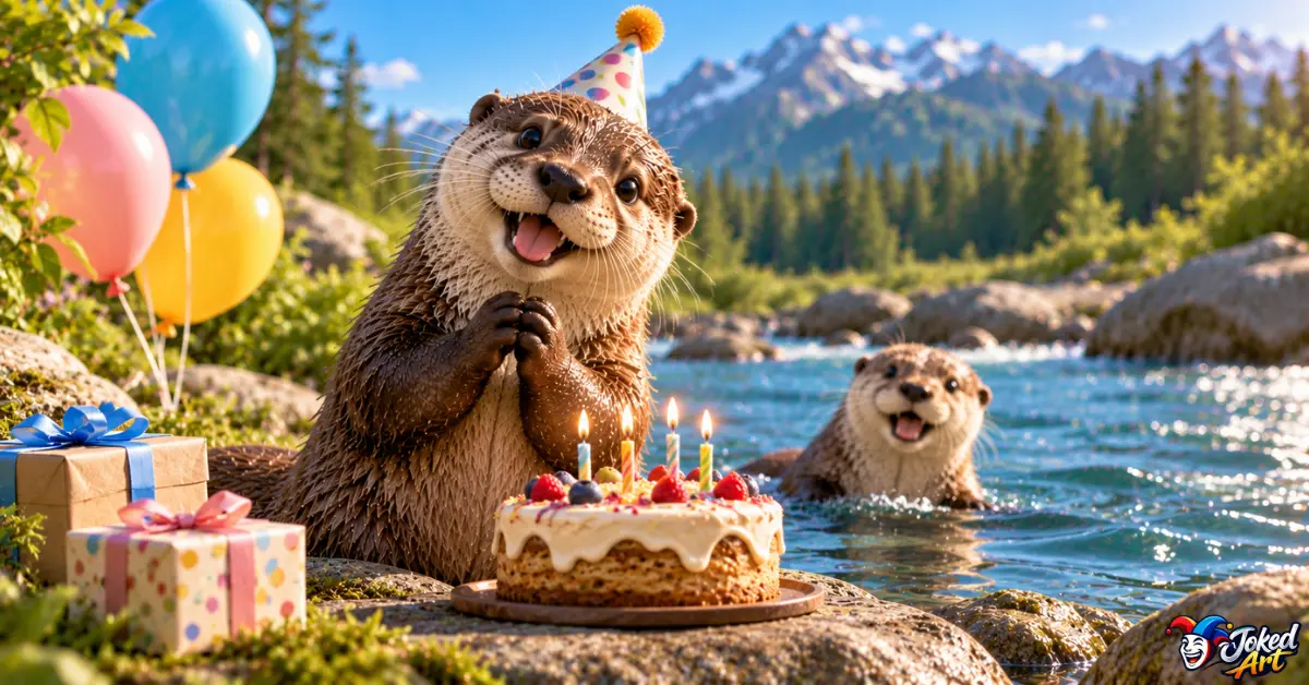 otter-birthday-puns-3d.webp Cheerful 3D otter celebrating a birthday beside the water