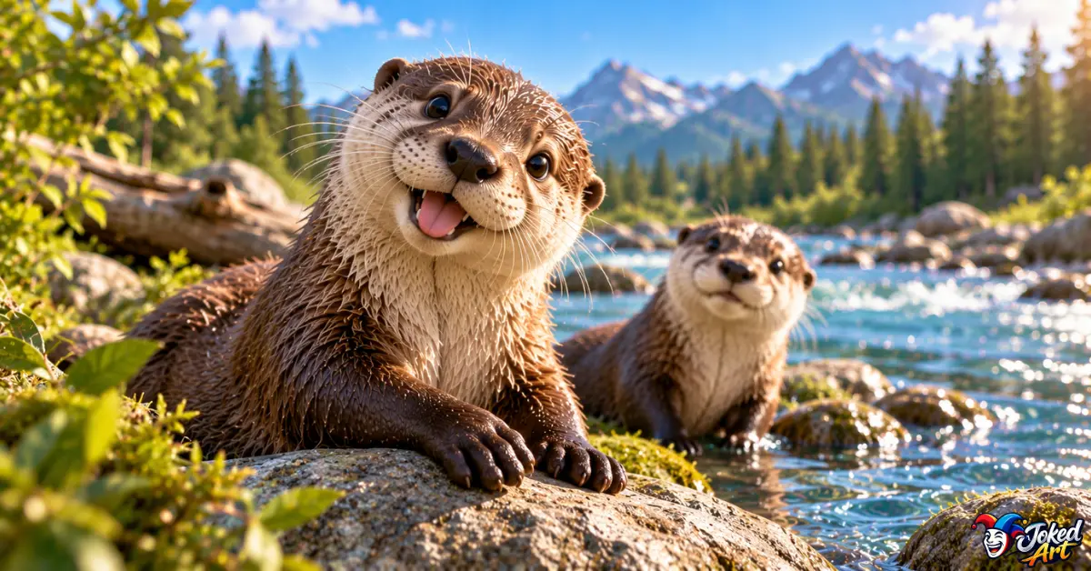 otter-instagram-captions-3d.webp Cute 3D otter posing beside a river for a playful photo