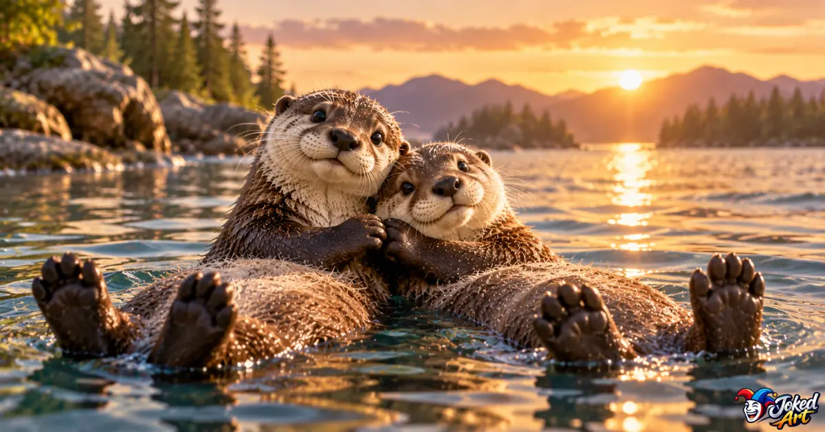 otter-love-romance-3d.webp Two affectionate 3D otters floating together on calm water