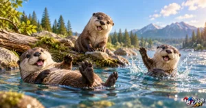 3D otters enjoying a playful day by the water