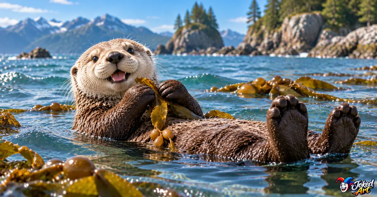 sea-otter-water-puns-3d.webp 3D sea otter floating on its back in coastal water