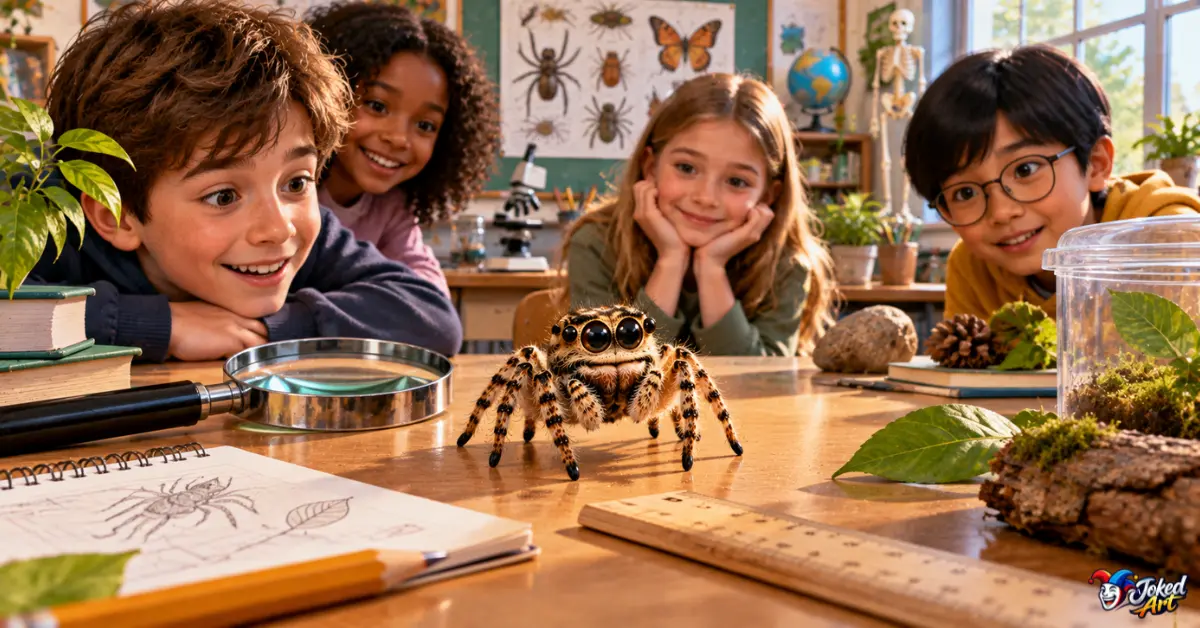 spider-classroom-jokes-kids.webp Friendly spider in a classroom setting for kids spider jokes