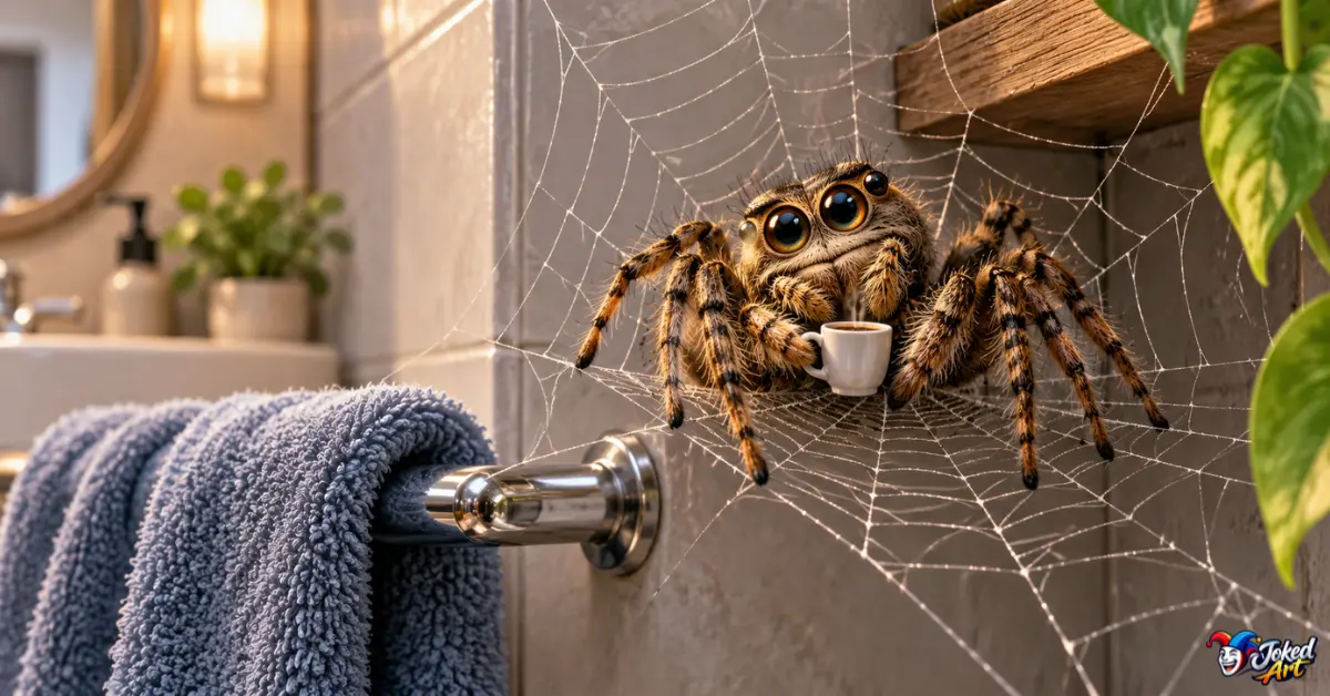 Funny spider surrounded by web with a playful expression for spider puns and jokes