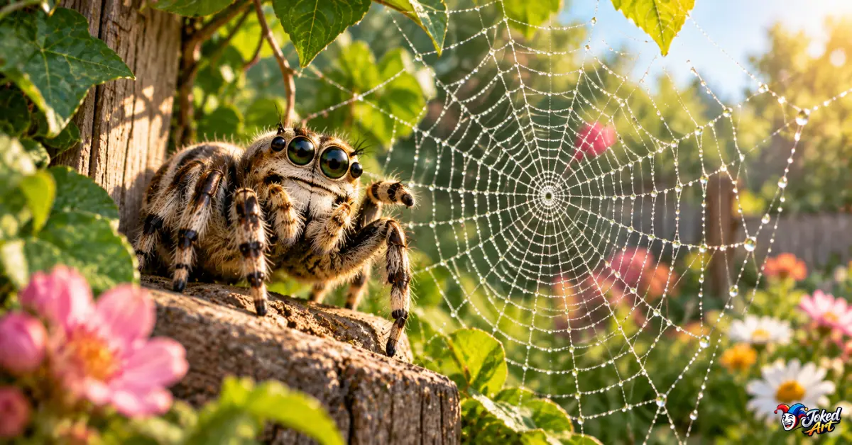 Friendly spider beside an intricate web in a garden