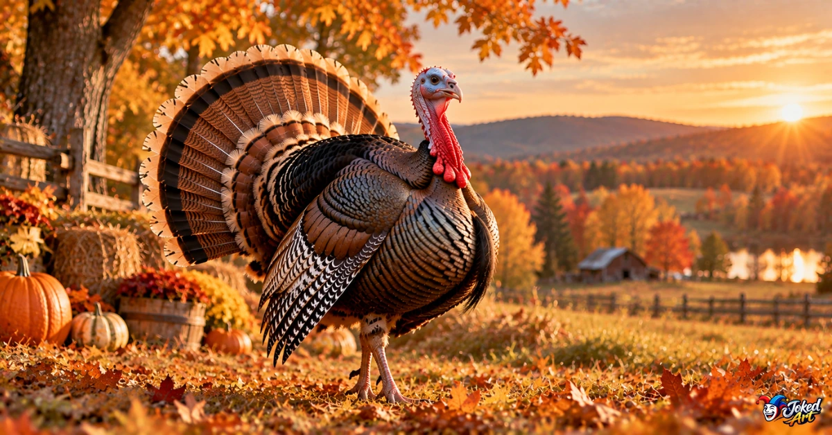 Proud turkey standing in an autumn field at golden hour