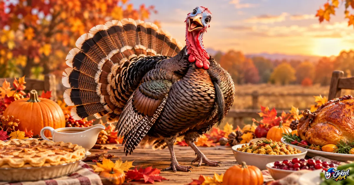 Funny turkey standing among Thanksgiving decorations with colorful autumn leaves