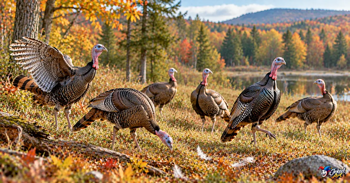 Wild turkeys displaying different natural behaviors including pecking, wing movement, and flocking