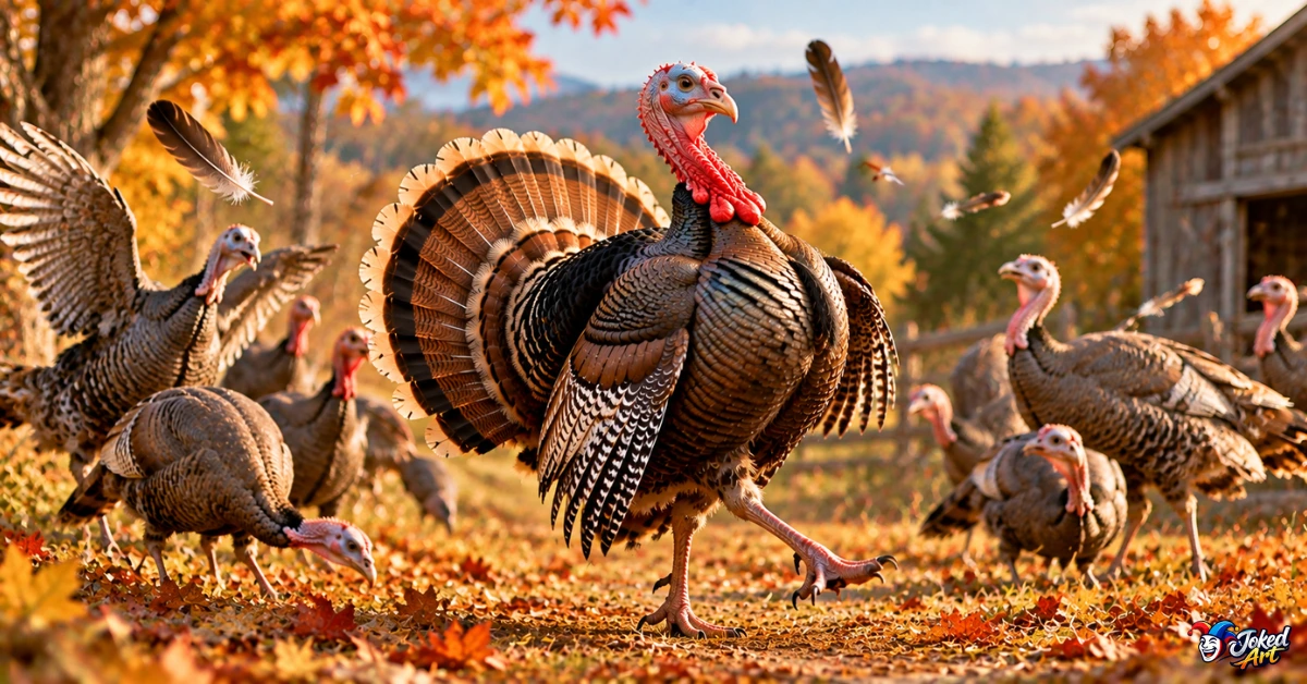 Playful turkey surrounded by feathers and autumn scenery