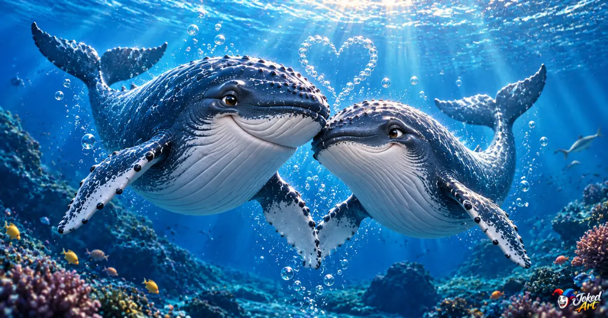 whale-love-valentines-puns.webp Two whales swimming together in a romantic ocean scene