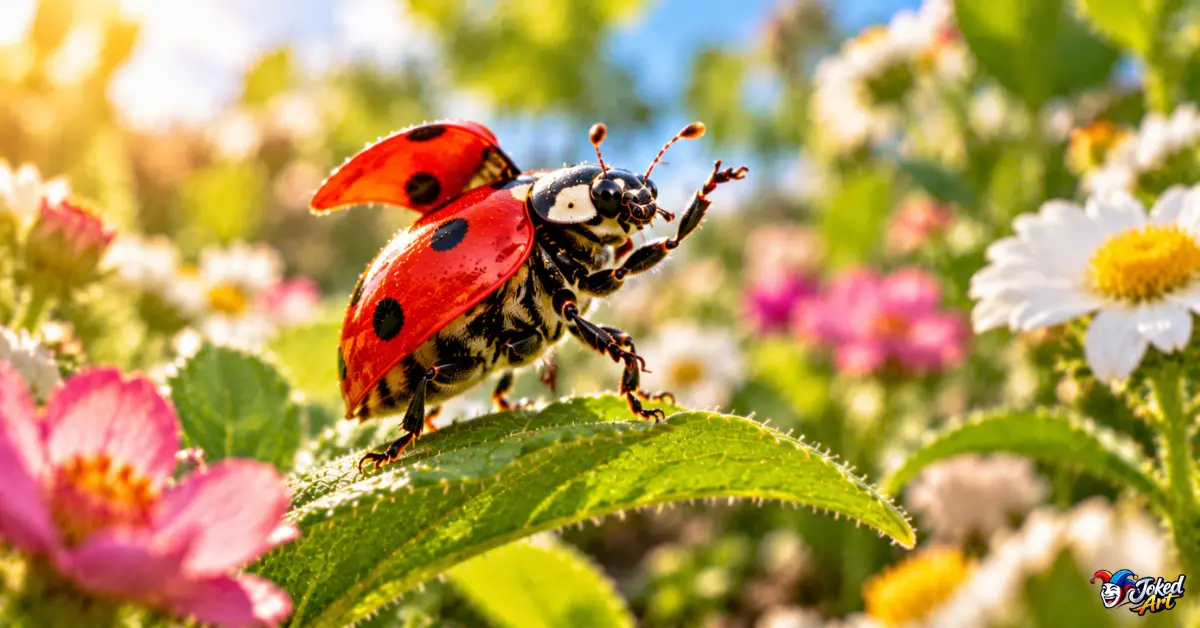 Playful ladybug standing confidently on a garden leaf