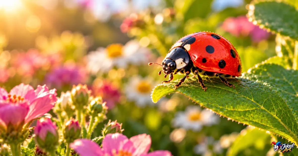 Red ladybug on a leaf surrounded by soft garden flowers