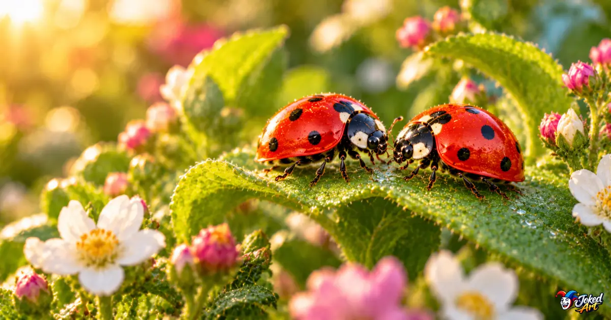 Two ladybugs resting together on a leaf among flowers