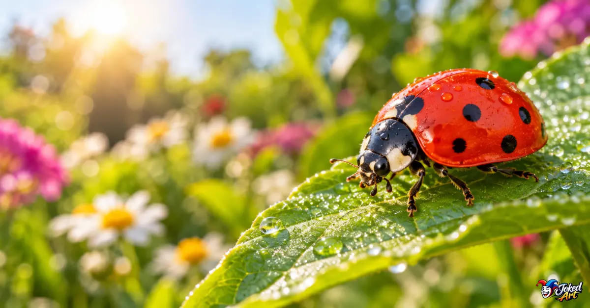 Ladybug resting on a green leaf in a sunny garden