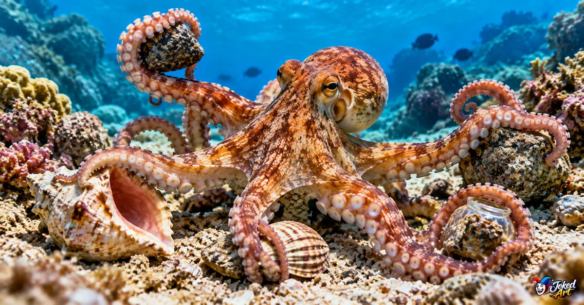 octopus-eight-arms-multitasking Octopus using its eight arms while exploring objects on the ocean floor