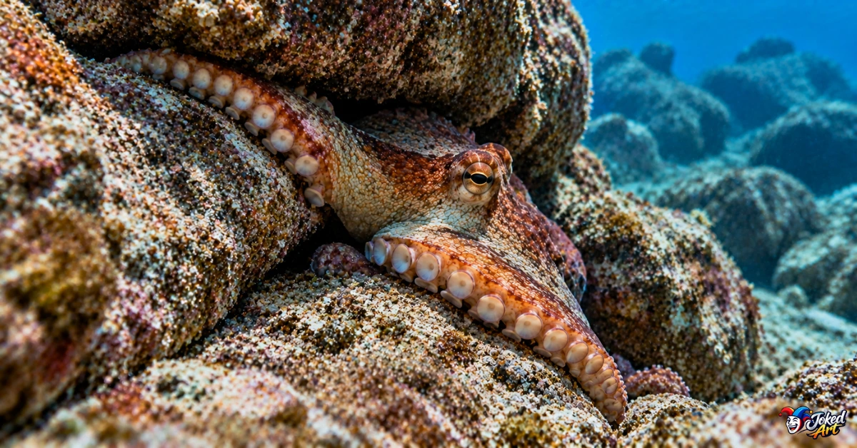 octopus-escape-flexibility Flexible octopus squeezing through a narrow opening between rocks