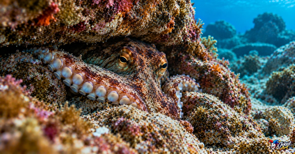 octopus-hiding Octopus hiding in a rocky crevice underwater