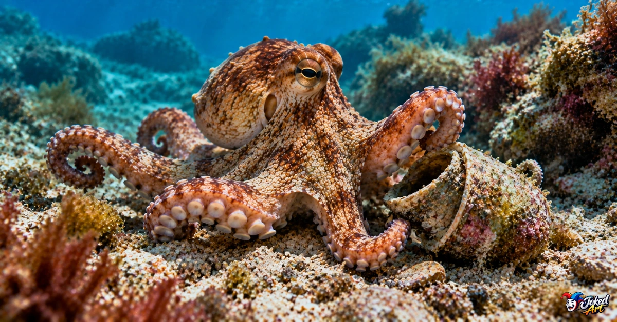 octopus-problem-solving Curious octopus investigating an object on the ocean floor