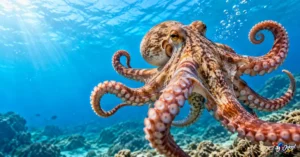 Funny octopus underwater with eight arms spread in a playful pose