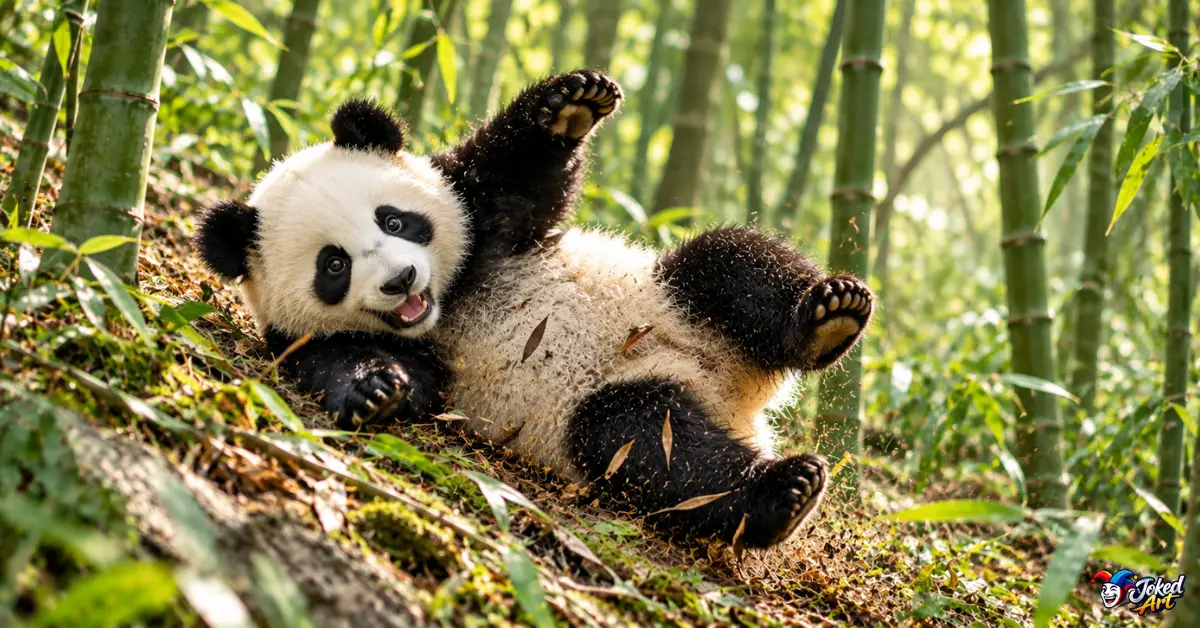 Giant panda playfully climbing and tumbling through bamboo