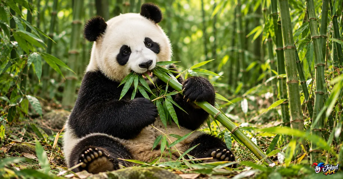 Giant panda naturally feeding on bamboo in its forest habitat