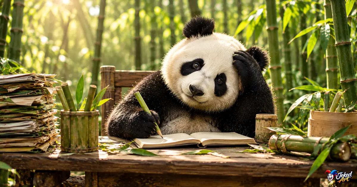 Playful giant panda sitting at a forest desk with bamboo