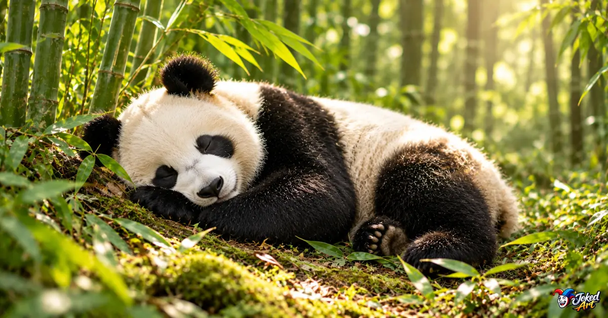 Giant panda relaxing beside bamboo during a forest nap
